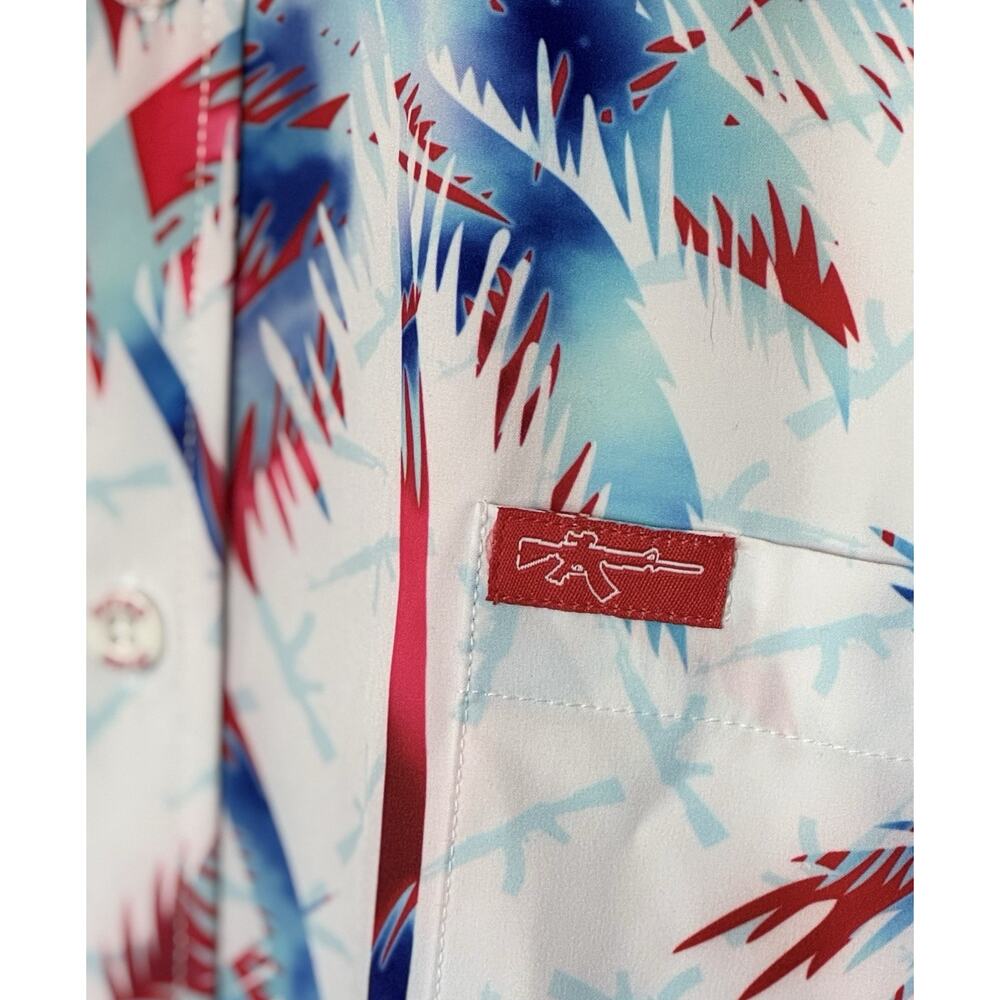Retro Rifle AKs & Vacays Button Up Shirt Mens XL Red White Blue Hawaiian USA - Picture 9 of 11